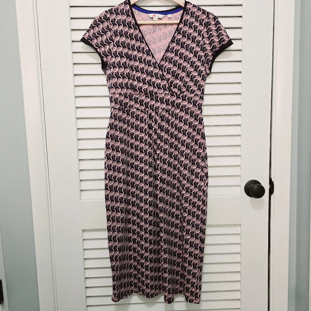 Boden Women's Surplice Dress 6L Navy Blue Pink Flamingo Faux Wrap Like-n…